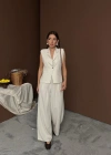 Bej Keten Yelek Pantolon Takım
