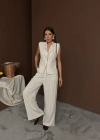 Bej Keten Yelek Pantolon Takım