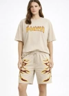 Bej Oversize Baskılı Tişört Şort Takım Cepli Şort Yazlık Rahat Günlük Kombin  Bej