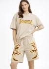 Bej Oversize Baskılı Tişört Şort Takım Cepli Şort Yazlık Rahat Günlük Kombin  Bej