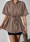 BEL BÜZGÜ DETAYLI POPLİN GÖMLEK  Kahverengi
