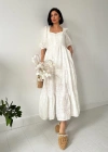 Beyaz Düğmeli Brode Elbise