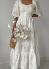 Beyaz Düğmeli Brode Elbise