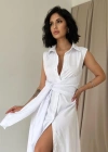 Beyaz Gömlek Yaka Bağlamalı Elbise
