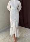 Beyaz Önü Büzgülü Şifon Elbise