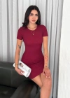 Bisiklet Yaka Kısa Kol ikralı Elbise  Bordo