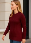 Bisiklet Yuvarlak Yaka Triko Kazak Pamuklu Kalın Fitilli Dokuma, Regular Fit Uzun Kollu Kışlık Model  Bordo