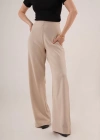 Bol Paça Yandan Fermuarlı Krem Kumaş Pantolon