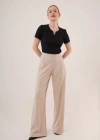 Bol Paça Yandan Fermuarlı Krem Kumaş Pantolon