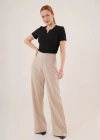 Bol Paça Yandan Fermuarlı Krem Kumaş Pantolon