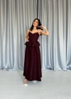 Bordo Beli Büzgülü İnci Askılı Uzun Elbise