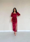 Bordo Büzgülü Saten Elbise