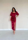 Bordo Büzgülü Saten Elbise