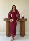 Bordo Güpür Detaylı Dantel Elbise