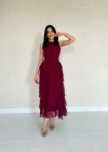 Bordo Önü Büzgülü Fırfırlı Elbise