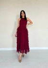 Bordo Önü Büzgülü Fırfırlı Elbise
