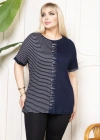 Büyük Beden Taş Detaylı Çizgili Viskon Tişört Bisiklet Yaka Rahat Kesim  acivert