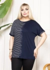Büyük Beden Taş Detaylı Çizgili Viskon Tişört Bisiklet Yaka Rahat Kesim  acivert