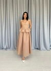 Camel Beli Büzgülü İnci Askılı Uzun Elbise