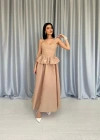 Camel Beli Büzgülü İnci Askılı Uzun Elbise