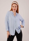 Cep Detay Çizgili Oversize avi Gömlek