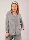 Cep Detay Çizgili Oversize Gri Gömlek