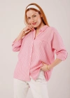 Cep Detay Çizgili Oversize Pembe Gömlek