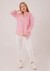 Cep Detay Çizgili Oversize Pembe Gömlek