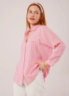 Cep Detay Çizgili Oversize Pembe Gömlek