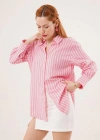 Çift Çizgi Geçişli Düğmeli Pembe Gömlek
