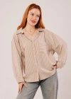 Çizgi Detaylı Cepli Camel Gömlek