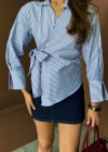 ÇİZGİLİ POPLİN KRUVAZE BAĞLAMALI GÖMLEK  Mavi