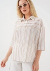 Çizgili Kısa Kol Gömlek 20344  Krem
