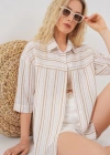 Çizgili Kısa Kol Gömlek 20344  Krem