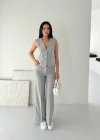 Çizgili Tansel Kumaş Yelek Pantolon İkili Takım Ofis Şık odern  Gri