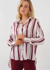 Çizgili Uzun Saten Gömlek 20291  Bordo