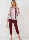 Çizgili Uzun Saten Gömlek 20291  Bordo