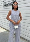 Çizgili Viscon Keten Yelekli Rahat Takım 10121