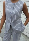Çizgili Viscon Keten Yelekli Rahat Takım 10121