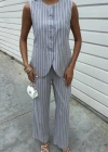Çizgili Viscon Keten Yelekli Rahat Takım 10121