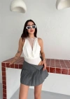Dantel Detaylı Derin Dekolte Body Şık Kolsuz Yazlık Bodysuit  Beyaz