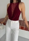 Dantel Detaylı Derin Dekolte Body Şık Kolsuz Yazlık Bodysuit  Bordo