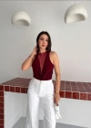 Dantel Detaylı Derin Dekolte Body Şık Kolsuz Yazlık Bodysuit  Bordo