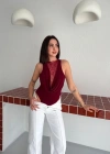 Dantel Detaylı Derin Dekolte Body Şık Kolsuz Yazlık Bodysuit  Bordo