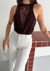 Dantel Detaylı Derin Dekolte Body Şık Kolsuz Yazlık Bodysuit  Kahvrenegi