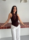 Dantel Detaylı Derin Dekolte Body Şık Kolsuz Yazlık Bodysuit  Kahvrenegi