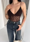 Dantel Detaylı Derin Dekolte Body Şık Kolsuz Yazlık Bodysuit  Kahvrenegi