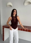 Dantel Detaylı Derin Dekolte Body Şık Kolsuz Yazlık Bodysuit  Kahvrenegi