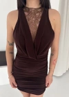 Dantel Detaylı Derin Dekolte Drapeli ini Elbise Şık Kolsuz  Kahvrenegi