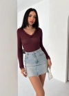 Dantel Detaylı V Yaka Arkası V Yaka Kaşmir Dokulu Uzun Kollu Bluz  Bordo